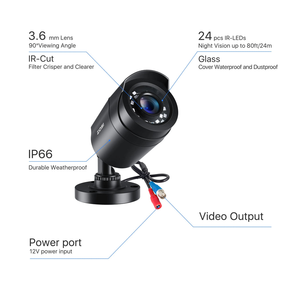 ZOSI Système de vidéosurveillance 1080p 8 canaux filaire DVR, caméras étanches à vision nocturne, intérieur/extérieur