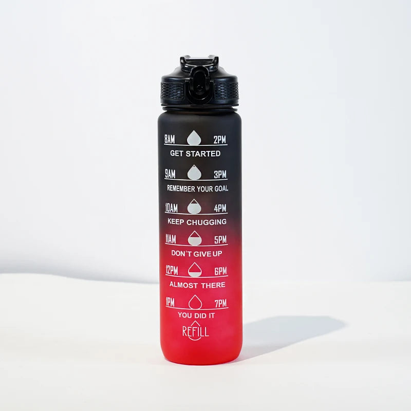 Gourde 1L étanche 12 couleurs avec repères horaires et paille, bouteille motivante pour randonnée et sport