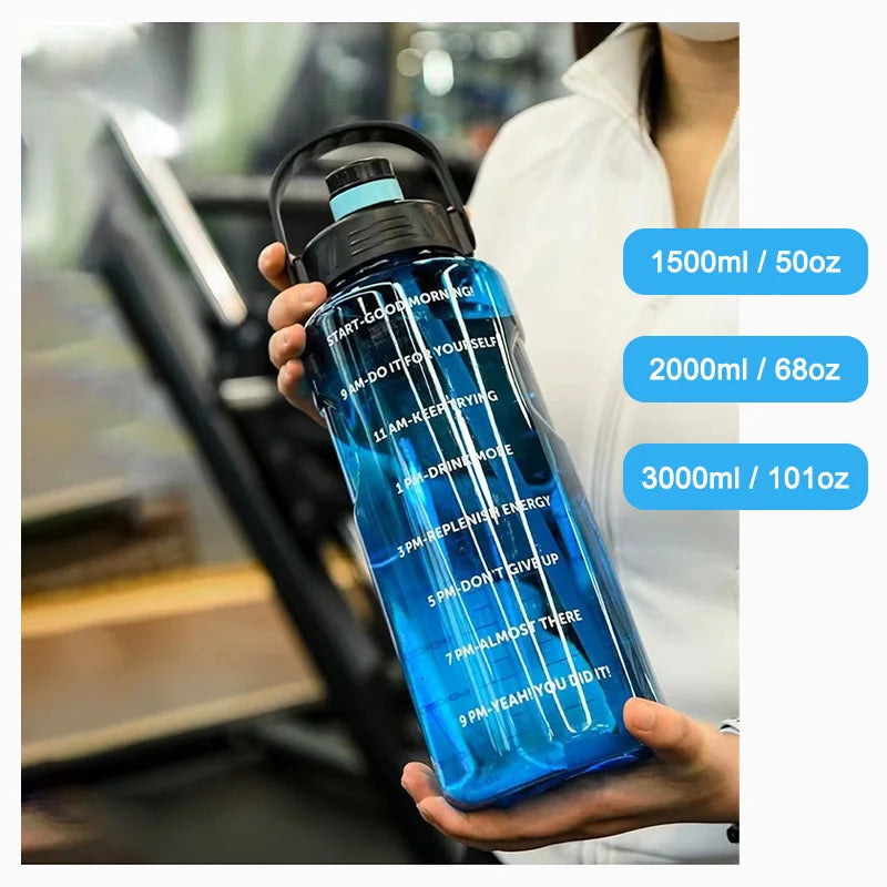 LUSQI Gourde de sport 1,5L/2L/3L grande capacité, étanche, avec paille et repères horaires