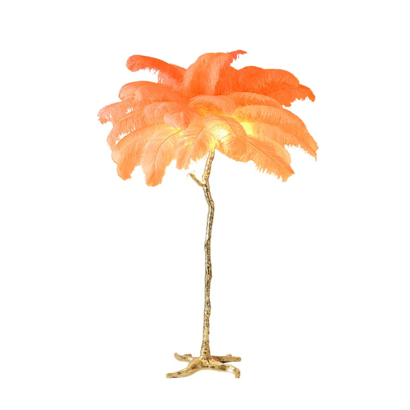 Lampadaire LED plumes d'autruche style nordique, cuivre et résine, décoration salon et chambre