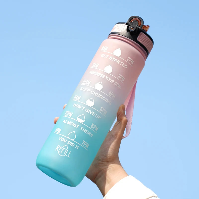 Gourde 1L étanche 12 couleurs avec repères horaires et paille, bouteille motivante pour randonnée et sport
