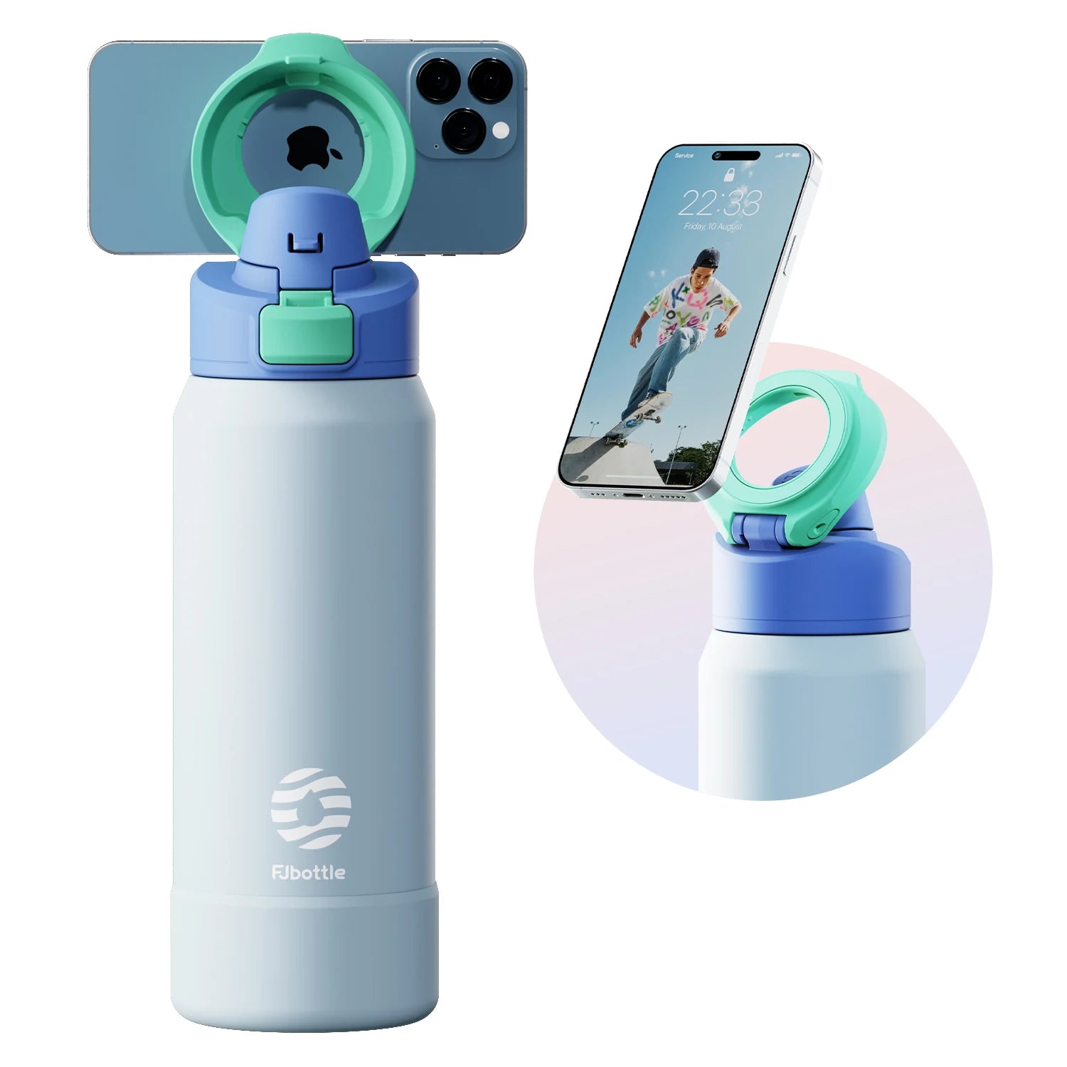 Fjbottle Bouteille thermos magnétique en acier inoxydable, gourde de sport avec support téléphone et couvercle rebondissant