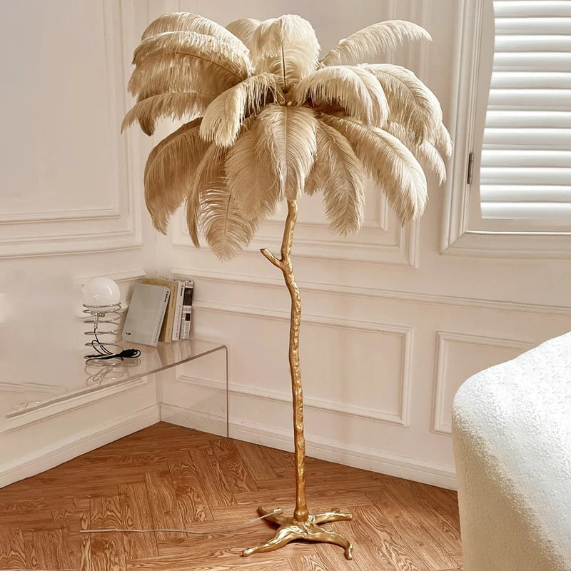 Lampadaire LED plumes d'autruche style nordique, cuivre et résine, décoration salon et chambre