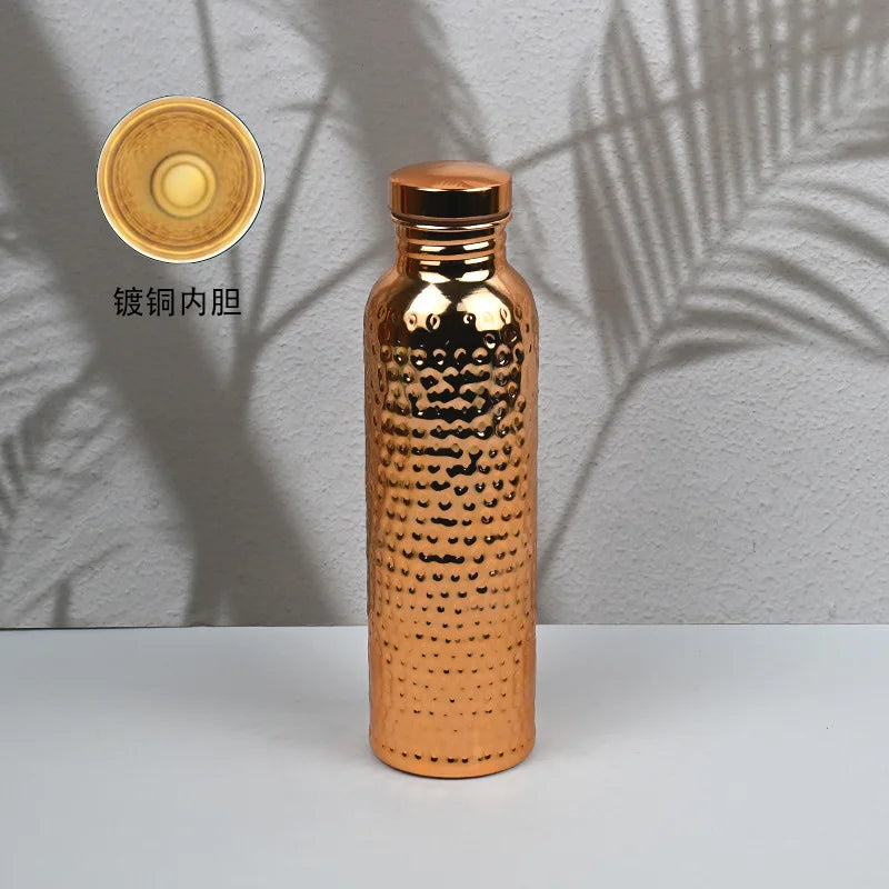 Gourde 800ml effet cuivre martelé, ouverture en un clic, acier inoxydable, bouteille de sport