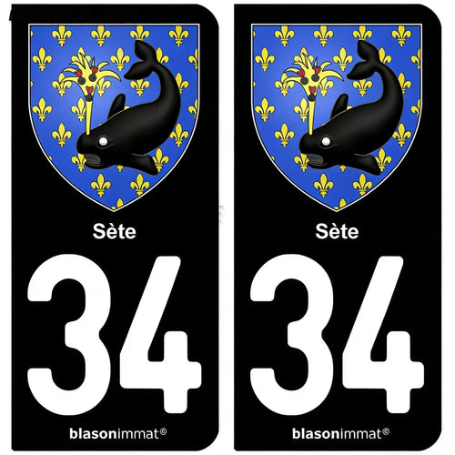 2Pcs Autocollant Plaque D'Immatriculation Française Noir 34 Sète-Occitanie-Armoiries Autocollants Imperméables De PVC De Voiture