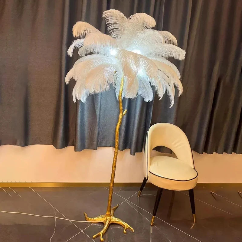 Lampadaire LED plumes d'autruche style nordique, cuivre et résine, décoration salon et chambre