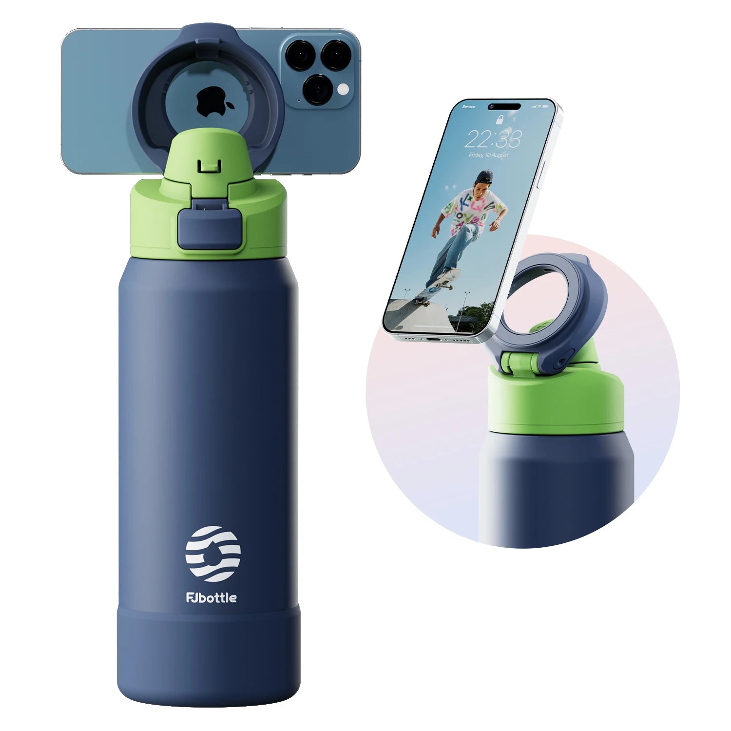 Fjbottle Bouteille thermos magnétique en acier inoxydable, gourde de sport avec support téléphone et couvercle rebondissant