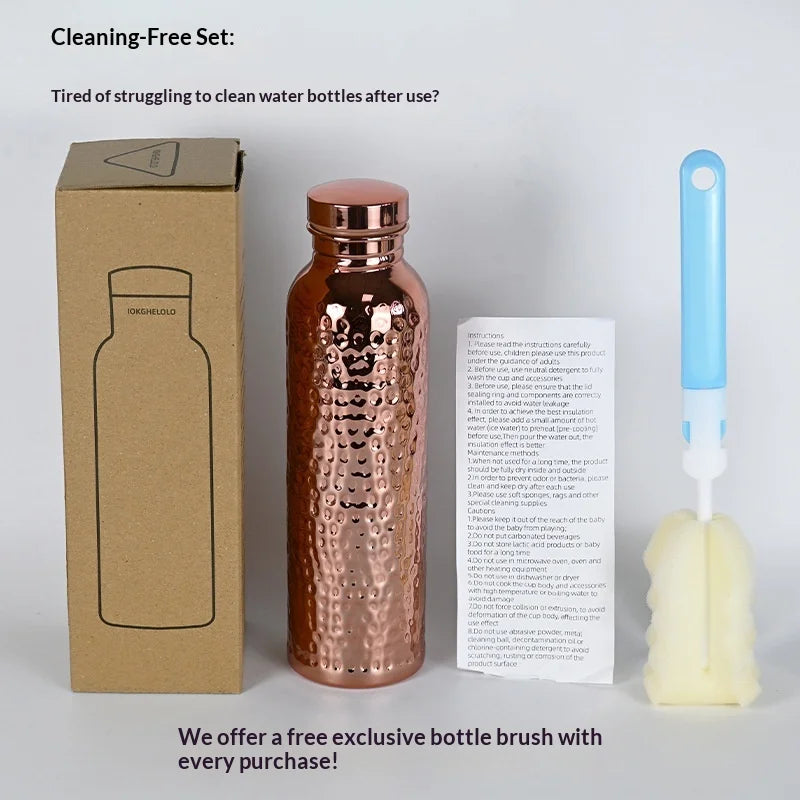 Gourde 800ml effet cuivre martelé, ouverture en un clic, acier inoxydable, bouteille de sport