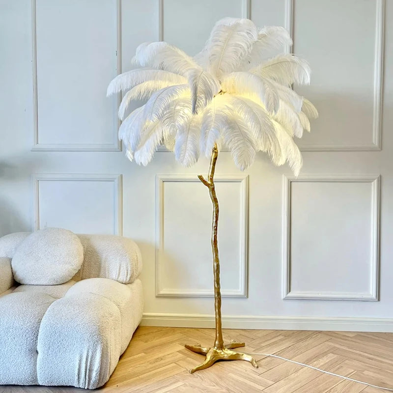 Lampadaire LED plumes d'autruche style nordique, cuivre et résine, décoration salon et chambre