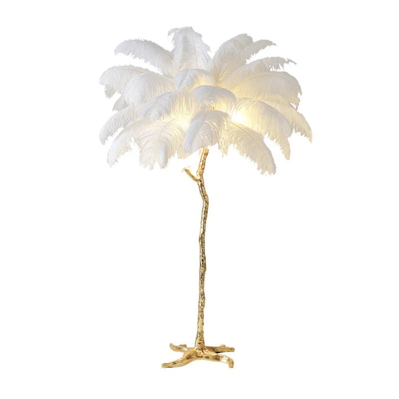 Lampadaire LED plumes d'autruche style nordique, cuivre et résine, décoration salon et chambre