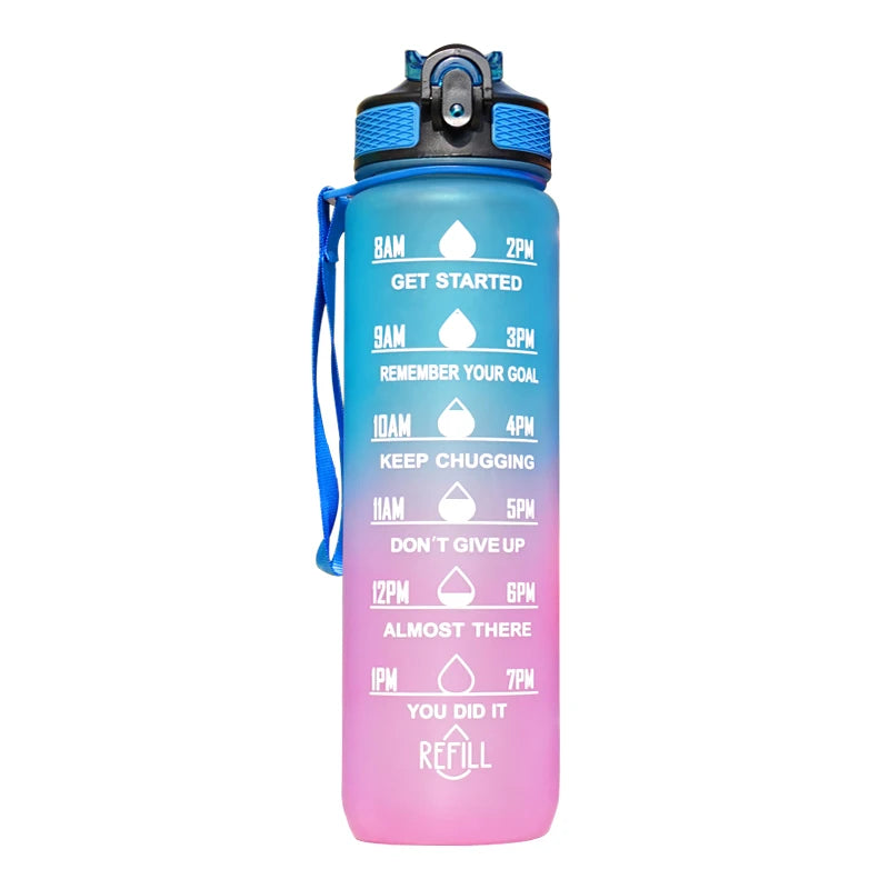 Gourde 1L étanche 12 couleurs avec repères horaires et paille, bouteille motivante pour randonnée et sport