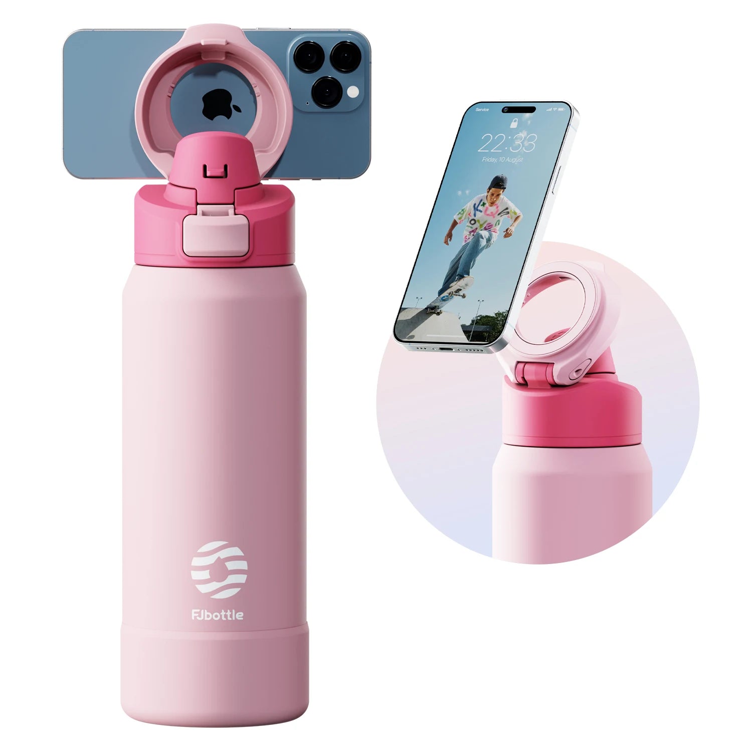 Fjbottle Bouteille thermos magnétique en acier inoxydable, gourde de sport avec support téléphone et couvercle rebondissant