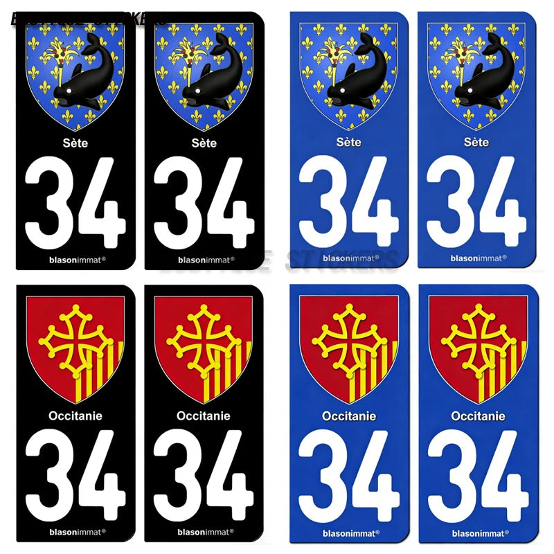 2Pcs Autocollant Plaque D'Immatriculation Française Noir 34 Sète-Occitanie-Armoiries Autocollants Imperméables De PVC De Voiture