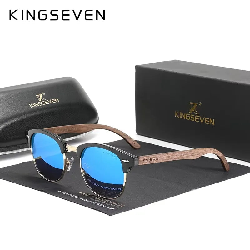 KINGSEVEN Brand Walnut Sunglasses Men Women Polarized UV400 Lens Wood Round Frame Glasses Vintage Retro Luxury Eyewear Patchwork