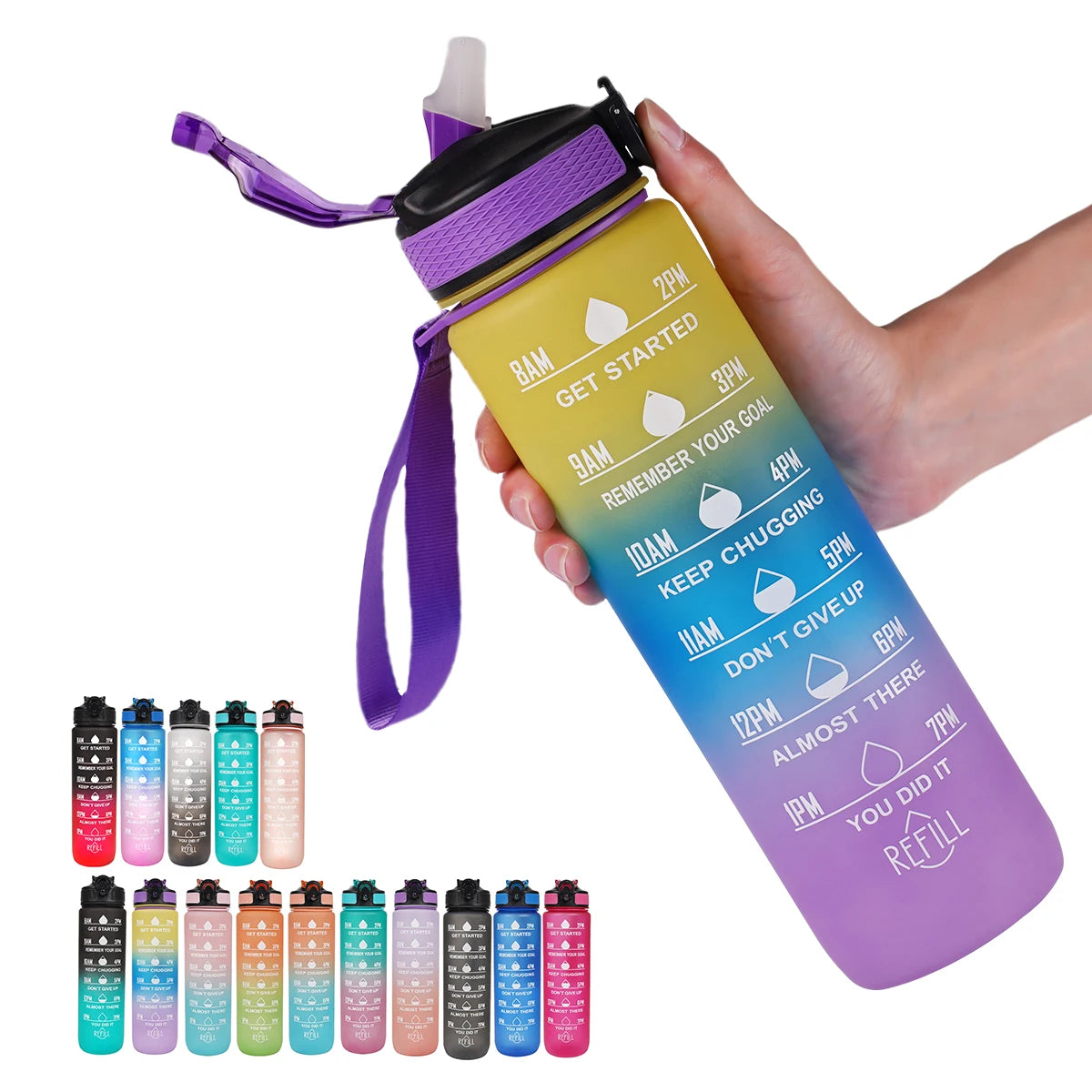 Gourde 1L étanche 12 couleurs avec repères horaires et paille, bouteille motivante pour randonnée et sport
