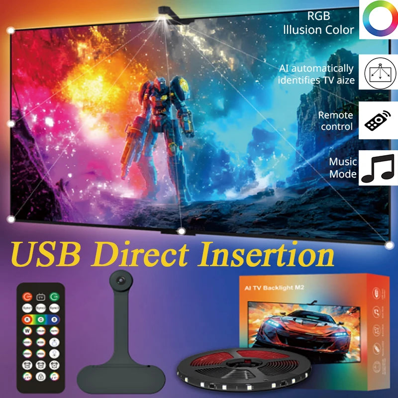 2026 New AI Ambient TV LED Backlight Sync to Screen For 40-85Inch Cam Real-Time Sync LED Light Strip TV Backlight USB Identifies