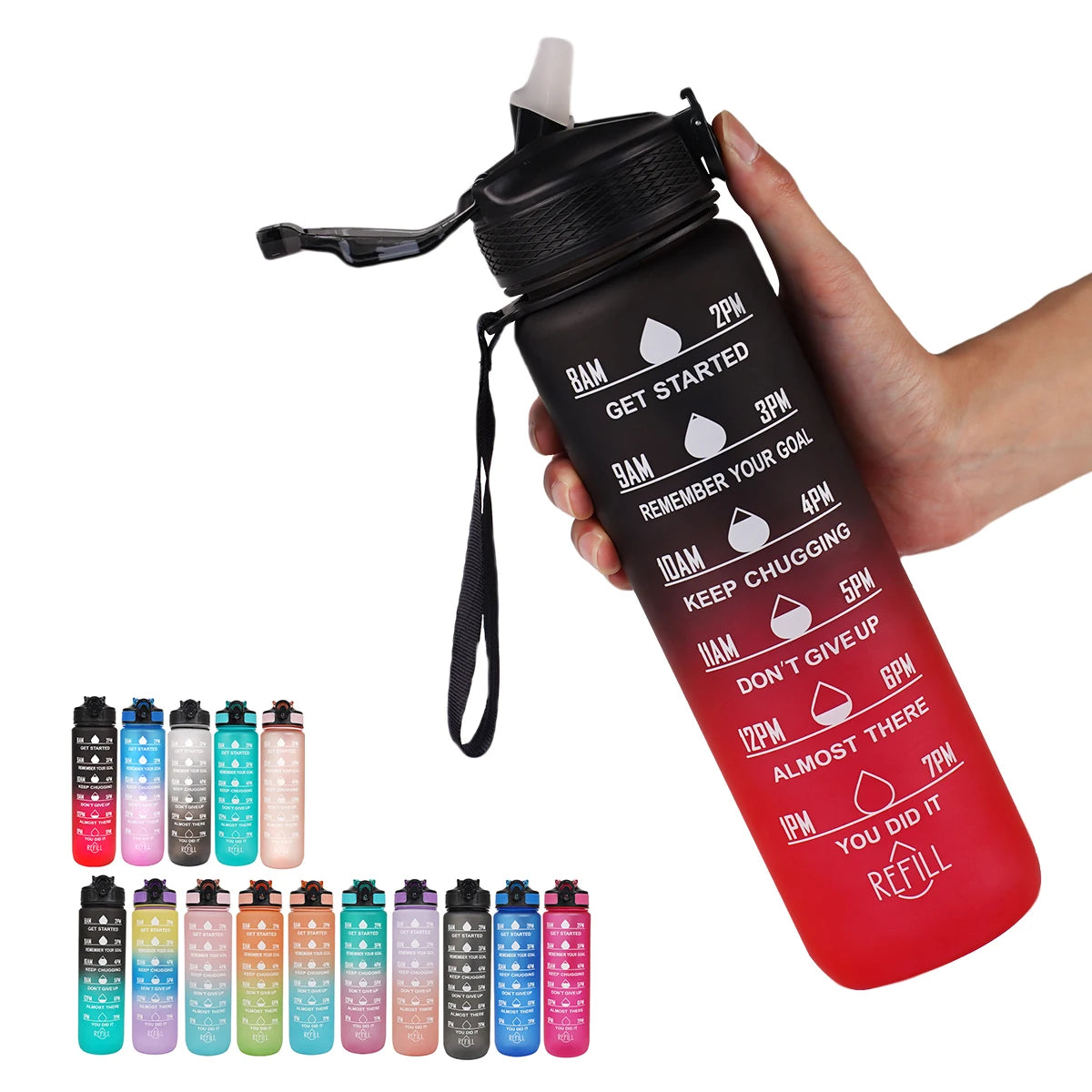 Gourde 1L étanche 12 couleurs avec repères horaires et paille, bouteille motivante pour randonnée et sport