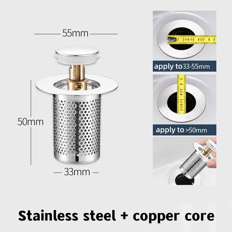 Stainless Steel Floor Drain Filter Washbasin Plug Anti Odor Pop-Up Bounce Core Basin Stopper Hair Catcher Shower Sink Strainer