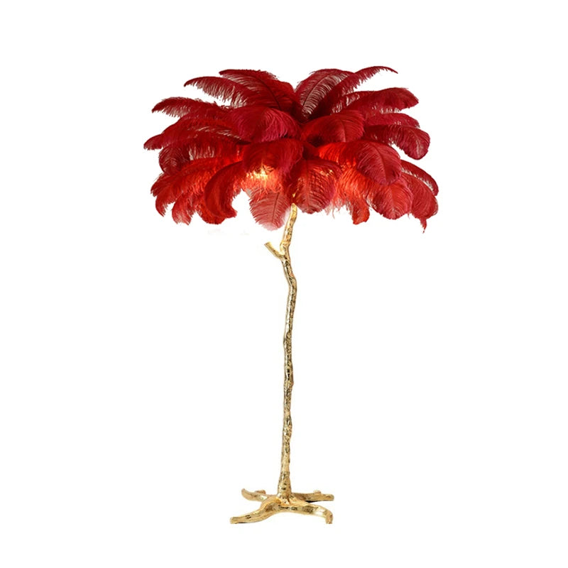 Lampadaire LED plumes d'autruche style nordique, cuivre et résine, décoration salon et chambre