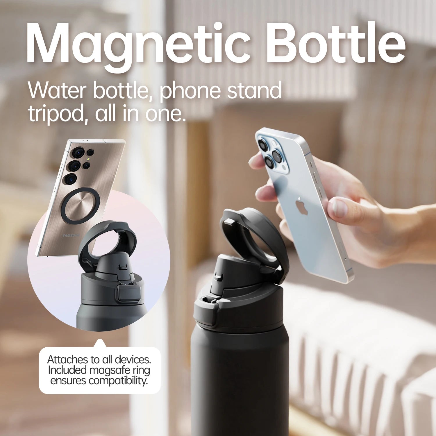 Fjbottle Bouteille thermos magnétique en acier inoxydable, gourde de sport avec support téléphone et couvercle rebondissant