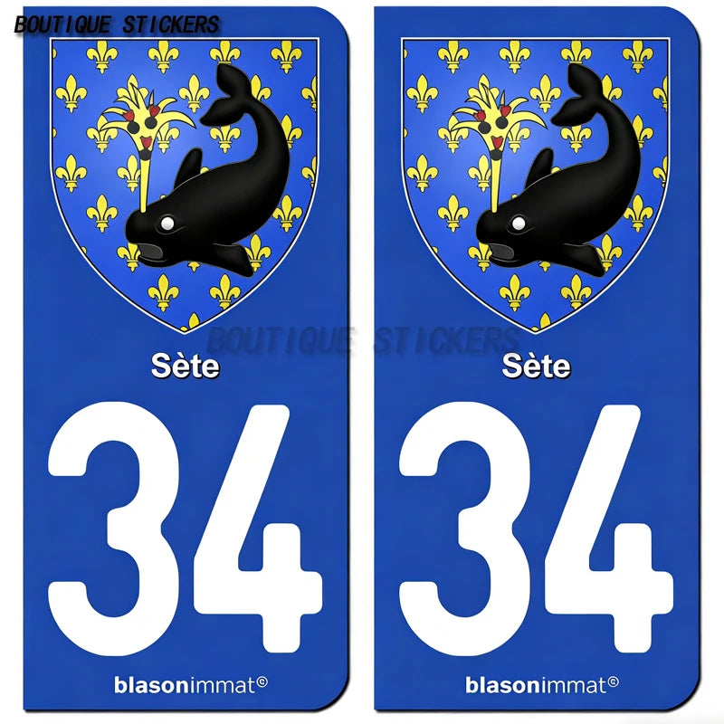 2Pcs Autocollant Plaque D'Immatriculation Française Noir 34 Sète-Occitanie-Armoiries Autocollants Imperméables De PVC De Voiture