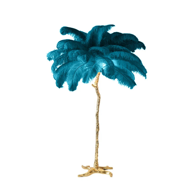 Lampadaire LED plumes d'autruche style nordique, cuivre et résine, décoration salon et chambre