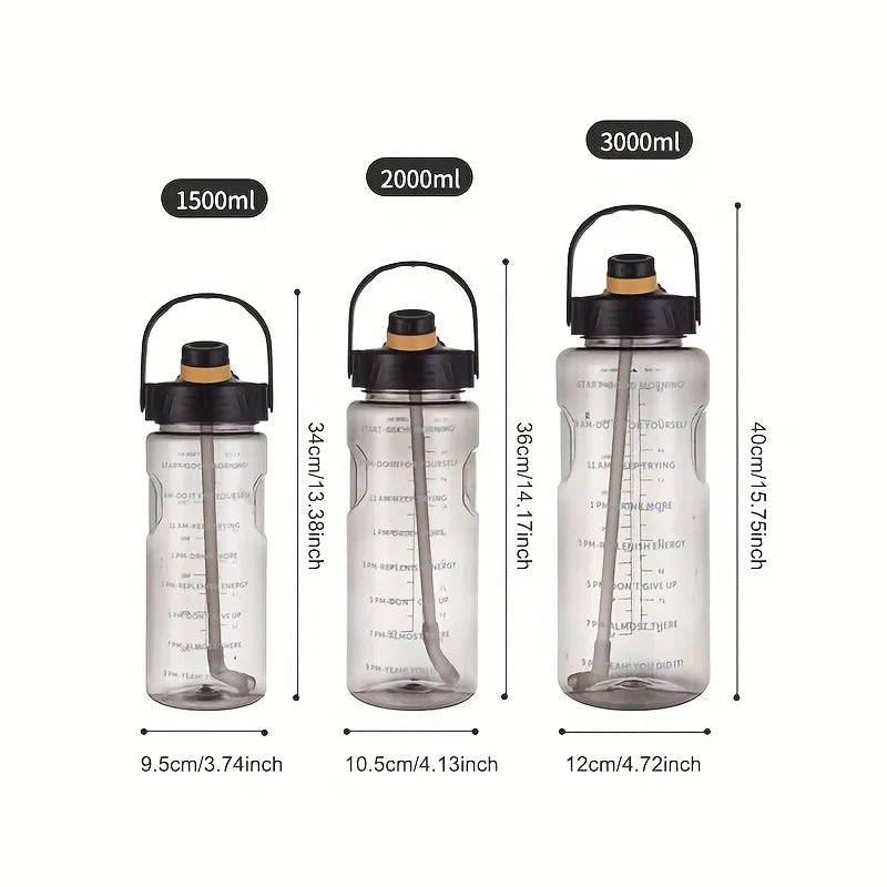 LUSQI Gourde de sport 1,5L/2L/3L grande capacité, étanche, avec paille et repères horaires