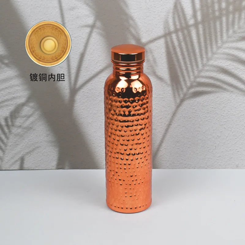 Gourde 800ml effet cuivre martelé, ouverture en un clic, acier inoxydable, bouteille de sport