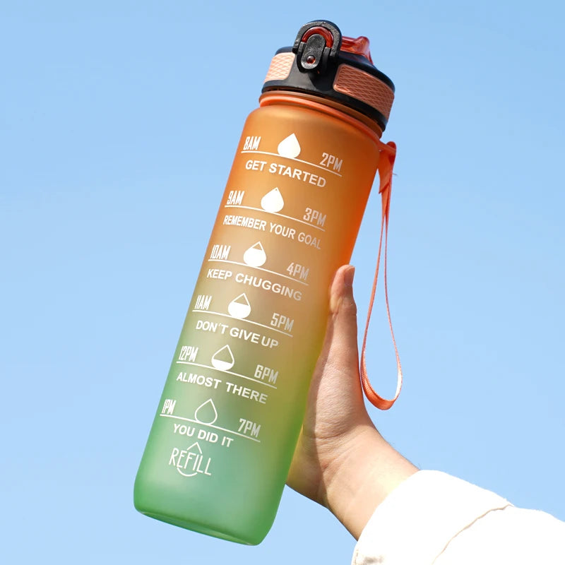 Gourde 1L étanche 12 couleurs avec repères horaires et paille, bouteille motivante pour randonnée et sport