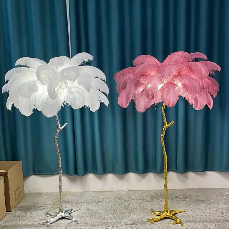 Lampadaire LED plumes d'autruche style nordique, cuivre et résine, décoration salon et chambre