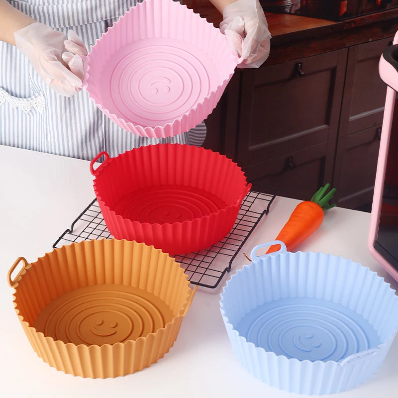 22cm Silicone Air Fryers Oven Baking Tray Pizza Fried Chicken Airfryer Silicone Basket Reusable Airfryer Pan Liner Accessories