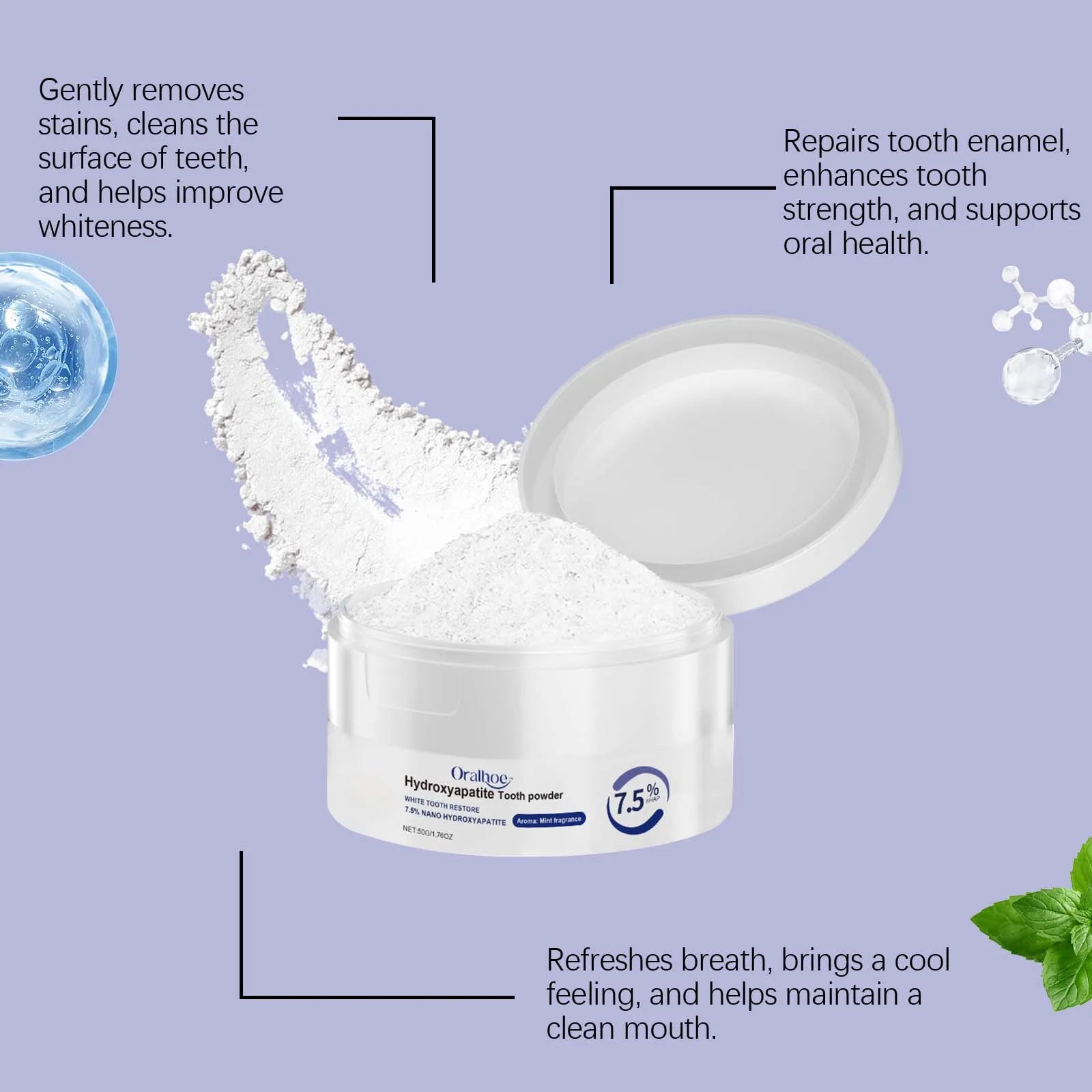 Poudre blanchissante pour les dents, blanchiment naturel, nettoyage en profondeur, haleine fraîche au quotidien