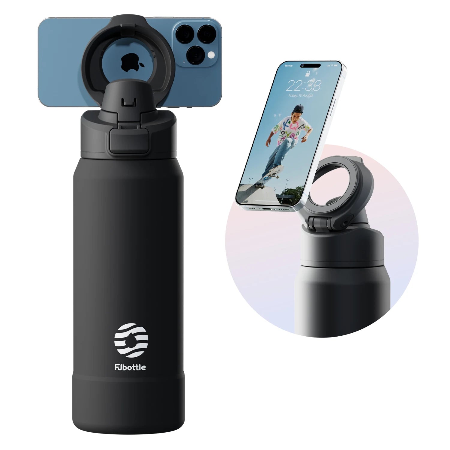 Fjbottle Bouteille thermos magnétique en acier inoxydable, gourde de sport avec support téléphone et couvercle rebondissant