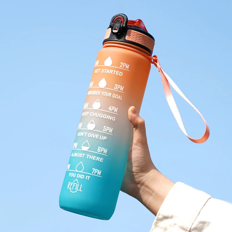 Gourde 1L étanche 12 couleurs avec repères horaires et paille, bouteille motivante pour randonnée et sport
