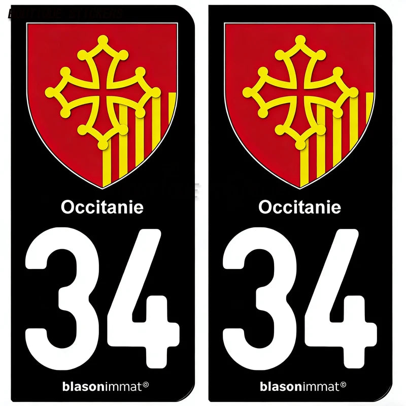 2Pcs Autocollant Plaque D'Immatriculation Française Noir 34 Sète-Occitanie-Armoiries Autocollants Imperméables De PVC De Voiture