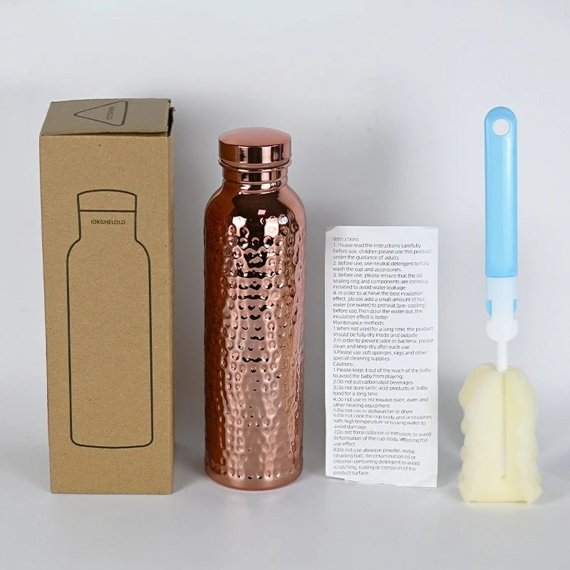 Gourde 800ml en acier inoxydable effet cuivre martelé, ouverture en un clic, bouteille de sport