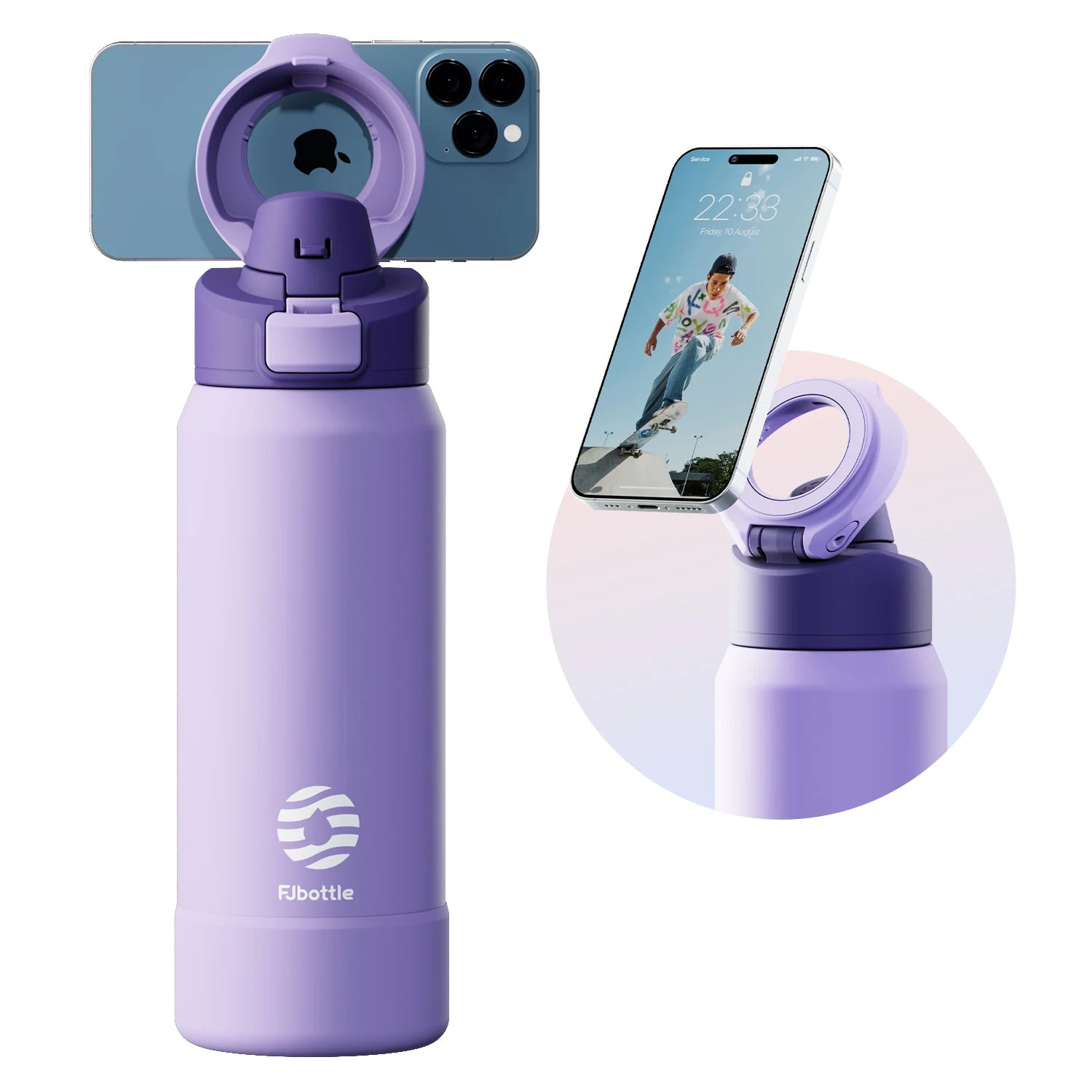 Fjbottle Bouteille thermos magnétique en acier inoxydable, gourde de sport avec support téléphone et couvercle rebondissant