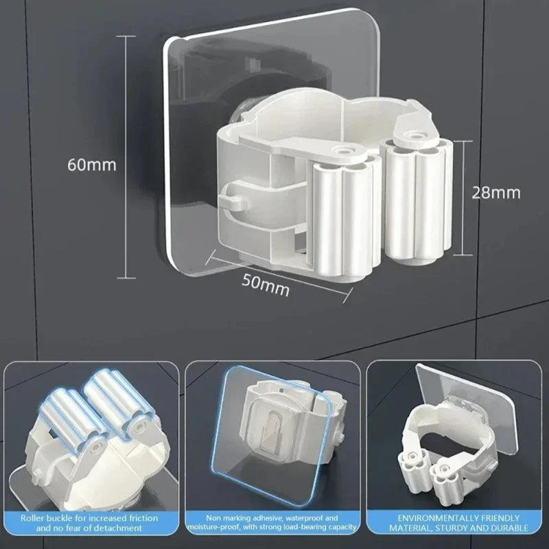 Mop Storage Storage Rack Bathroom Suction Hanging Pipe Traceless Mop Clip Broom Hanger Wall-Mounted Waterproof Mop Rack