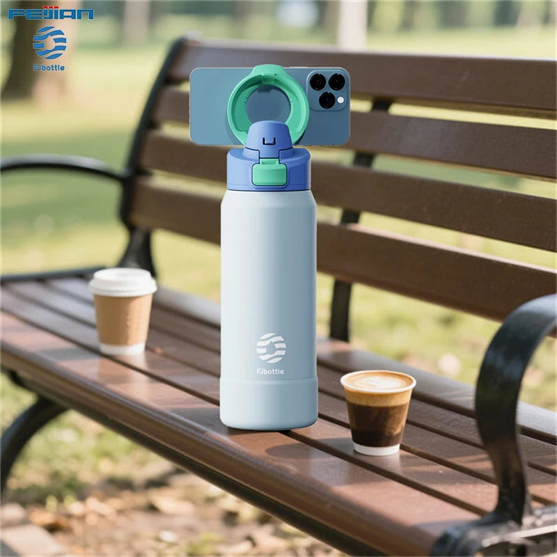 Fjbottle Bouteille thermos en acier inoxydable, gourde sous vide avec support téléphone magnétique pour voyage, sport et fitness