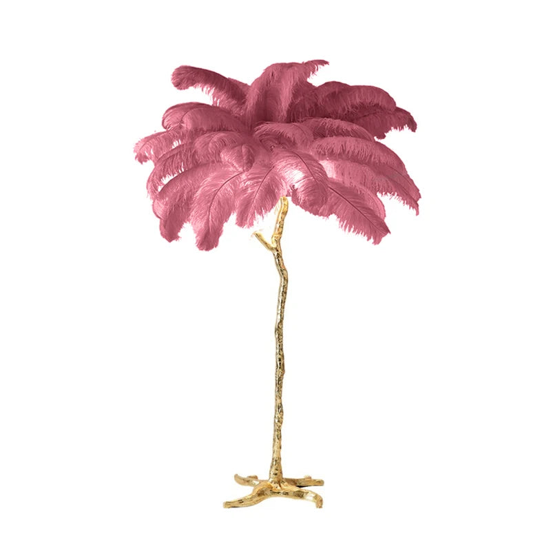 Lampadaire LED plumes d'autruche style nordique, cuivre et résine, décoration salon et chambre