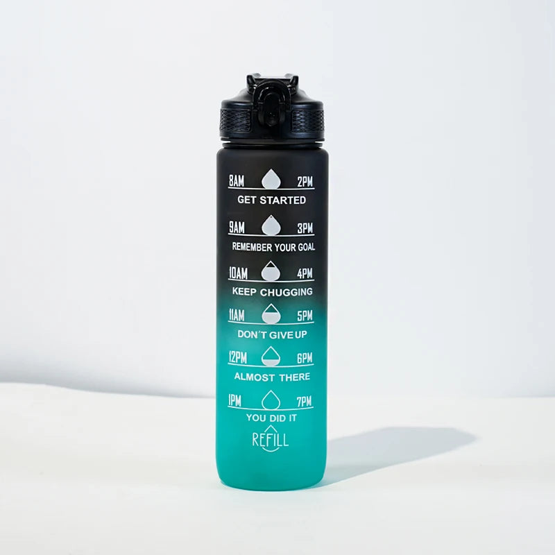 Gourde 1L étanche 12 couleurs avec repères horaires et paille, bouteille motivante pour randonnée et sport