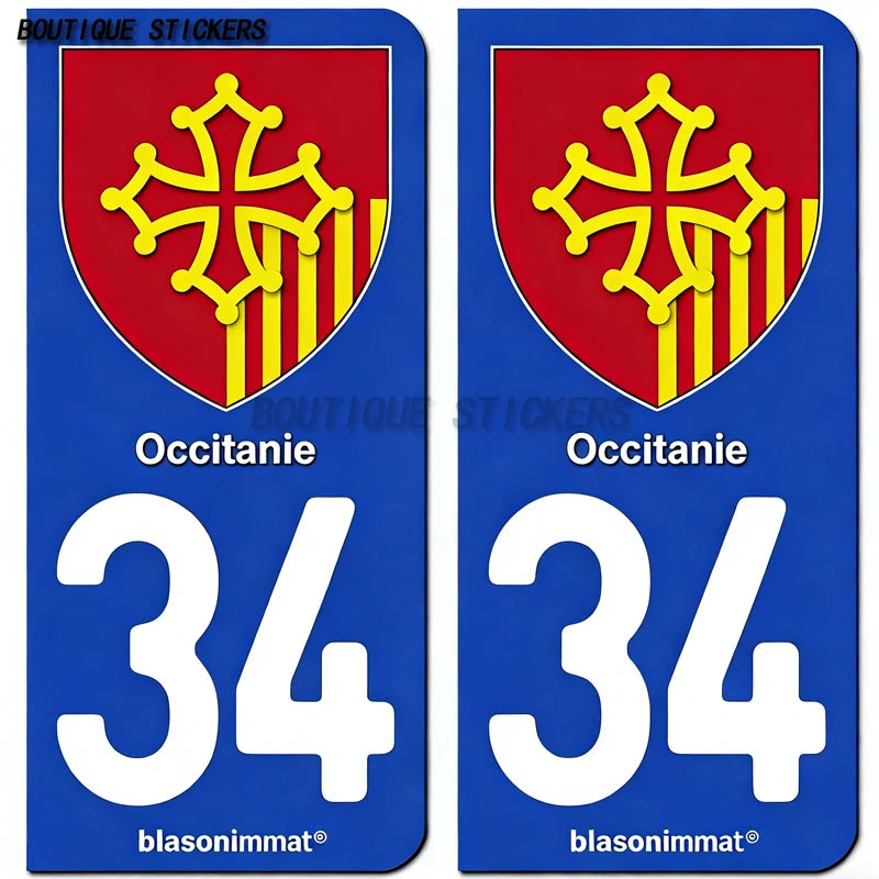 2Pcs Autocollant Plaque D'Immatriculation Française Noir 34 Sète-Occitanie-Armoiries Autocollants Imperméables De PVC De Voiture
